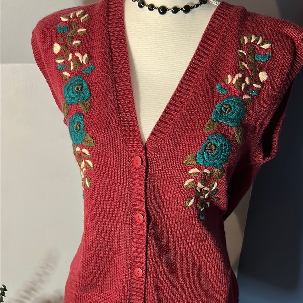 Embroidered Floral Red Sweater Vest